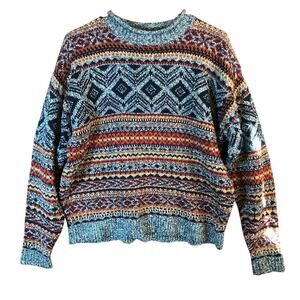 Vintage Le Moda Womens Sweater Multi Aztec Crew Neck Wool Blend Knit Stretch M